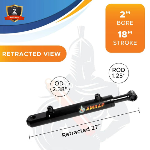 Hydraulic cylinder AMRAP, 2-in bore, 18-in stroke, welded tang, black finish, retracted view