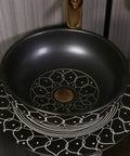 Top view of retro ceramic vanity wash basin and faucet combo with built in soap holder, scratch resistant design.