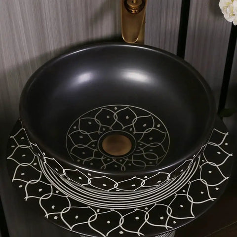 Top view of retro ceramic vanity wash basin and faucet combo with built in soap holder, scratch resistant design.