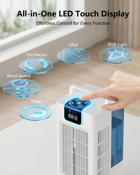 Touch display on 4 In 1 Personal Portable Air Conditioner And Humidifier, Mini Evaporative Cooler Fan with controls and functions