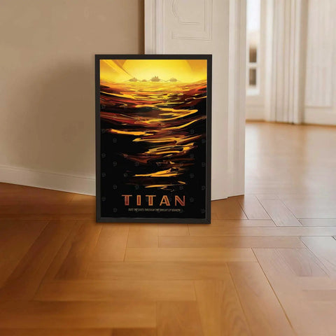 Sunset Ocean Rowing Wall Art Canvas Print Poster Framed in Black on floor, showcasing vibrant coastal colors.