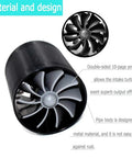 Close-up of 2.5 Inch Car Air Intake Turbonator with dual fan turbine and black finish showing material and design features.