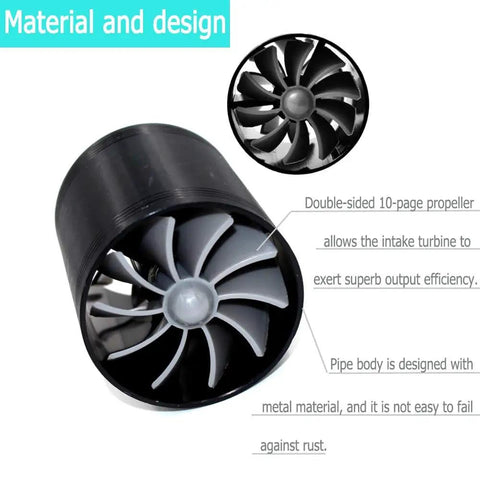 Close-up of 2.5 Inch Car Air Intake Turbonator with dual fan turbine and black finish showing material and design features.