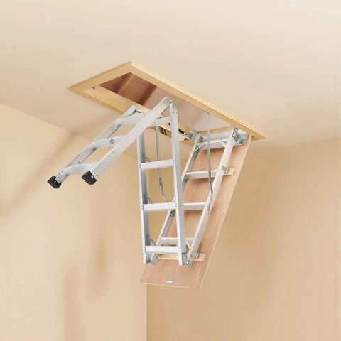 Aluminum Attic Ladder Foldable With Adjustable Heights For 7.66 To 10.3 Foot Ceilings, 54 By 22.5 Inch Opening, 375 Lb Load Capacity, Lightweight Portable Stairs For Super Handy Easy Home Access And Storage installed in ceiling hatch