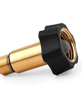 Close-up of brass high-pressure washer inlet fitting with black knurled nut and mesh screen.