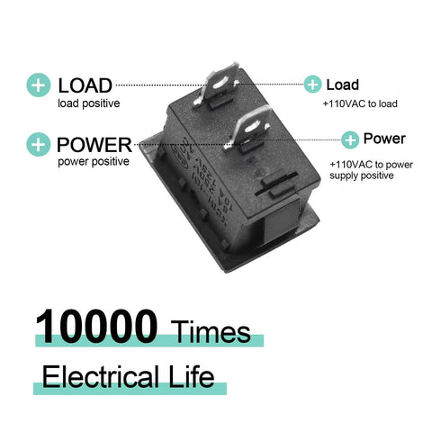 Close-up of a Five Pack On Off Boat Rocker Switches, 2 Pin 2 Position Snap In Marine Electrical Switch, showing load and power connectors