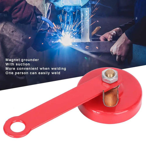 Heavy Duty 2 Inch Magnetic Welder Locator And Grounder Electrode Holder With Shock Resistant Plastic Shell For Easy Access Daily Workshop Welding Jobs in red with a long handle.