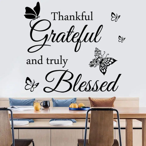 Thankful Grateful And Truly Blessed Inspirational Quote Vinyl Wall Decor For Home Living Room Kitchen And Office Decor Elevates Any Space With Positive Vibes on white wall above dining table.