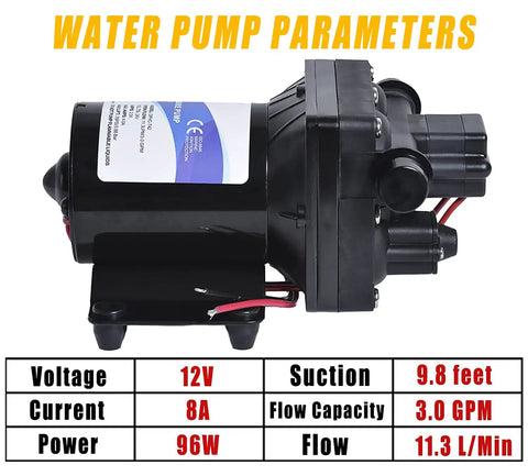 Side view of 12V DC Diaphragm Water Pump Self Priming 3.0 GPM at 55 PSI with labeled parameters for marine and RV use.