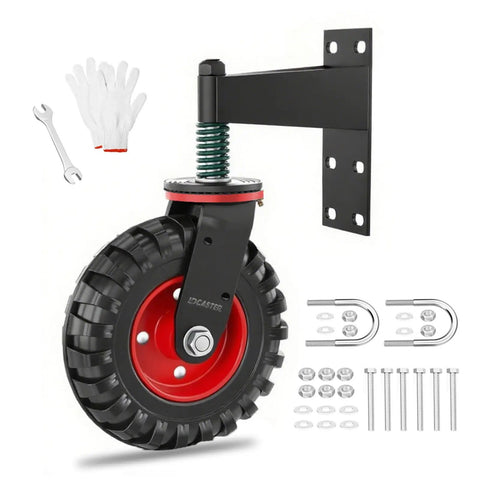 Heavy Duty 6 Inch Gate Wheels For Wooden Gates, Spring Loaded With 550 Lb Capacity, visible installation tools included