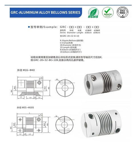 4 Pack Bellows Shaft Coupler 5mm Bore Aluminum Flex Connector D25 L37 Series For Servo Motors detailed specs and dimensions.