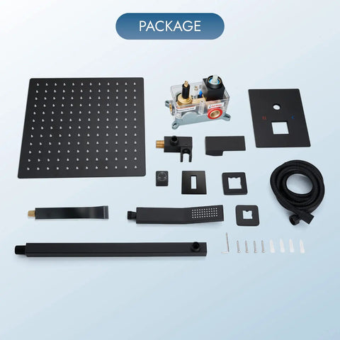 All In One Matte Black Shower System With 10 Inch Rain Shower Head And Handheld Spray, Wall Mount Tub Spout package contents