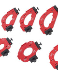 Heavy Duty Router Jig Set With Aluminum Woodworking Templates And R10 To R60 Radius Guides close-up of red aluminum radius guides for precision cutting.