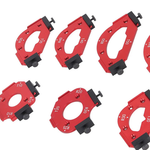 Heavy Duty Router Jig Set With Aluminum Woodworking Templates And R10 To R60 Radius Guides close-up of red aluminum radius guides for precision cutting.