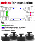 Diagram of rubber jack pad set installation locations for Corvette C5-C8 underbody with 4-piece set and storage bag visible.
