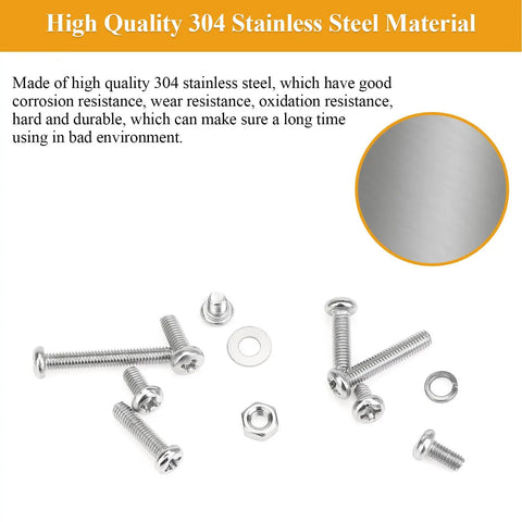 Premium 565 Piece M3 Phillips Pan Head Machine Screws Hex Nuts Assortment Kit With Split And Flat Washers Fully Threaded 304 Stainless Steel, showing various screws and nuts.