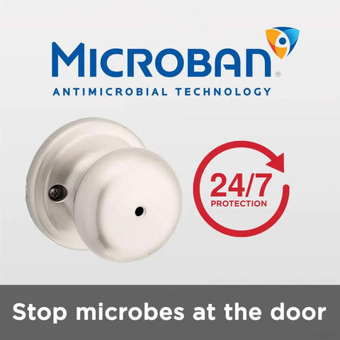 Juno Interior Privacy Door Knob With Lock For Bedroom And Bathroom Satin Nickel Finish No Fuss Keyless Turn Lock Microban Protection Easy DIY Install In Minutes with Microban 24/7 protection logo