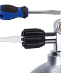 Scuba Diving Cylinder Valve Wrench With Steel And ABS Construction Double Head Handwheel Nut Remover shown with valve