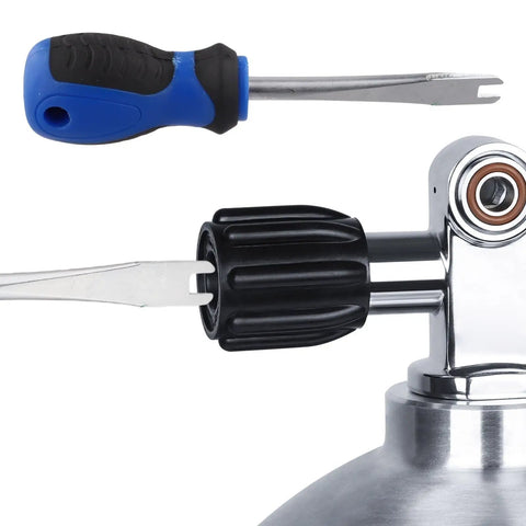 Scuba Diving Cylinder Valve Wrench With Steel And ABS Construction Double Head Handwheel Nut Remover shown with valve