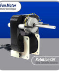 Side view of Universal 220V Fan Motor Kit For Evaporators And Bathroom Exhaust With Multi Position Mounting Bracket Shaft Adapters Four Inch CW And Five Point Five Inch CCW Fan Blades 50 60 Hz.