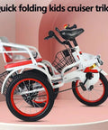 Outdoor Pedal Tricycle For Kids Ages 3 To 10 with rear seat, foldable frame, hand brake, red color, on a pink background.