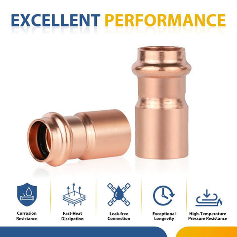 Top Shelf 100 Pack Lead Free Copper Press Fittings 1 Inch By 3/4 Inch Reducing Coupler showing two heavy duty leak-free plumbing connectors.
