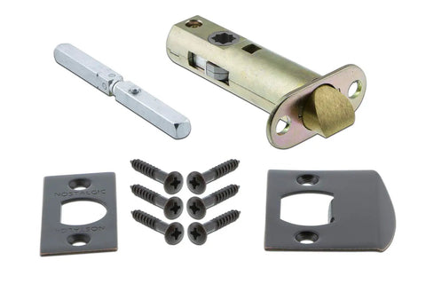 Meadows Brass Door Knob Set With Keyhole Passage installation parts, includes screws and latch, ideal for hallways and closets.