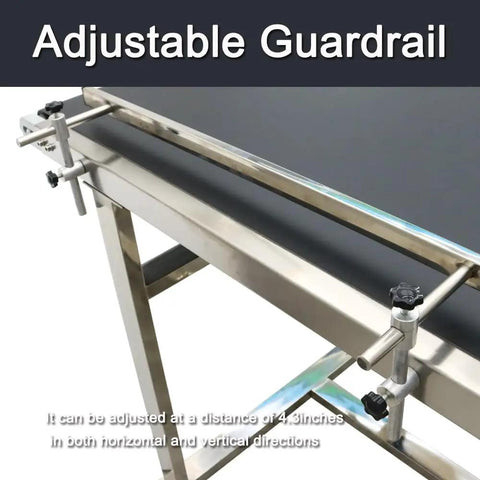 "Industrial Electric Conveyor Belt System With Cleated PVC Belt, 47.2 Inches Long And 7.8 Inches Wide, stainless steel frame, adjustable guardrail."