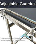 59 Inch By 7.8 Inch Flat Conveyor Belt With Stainless Steel Frame And PVC Belt 110V Power Adjustable Speed, showing adjustable guardrail.