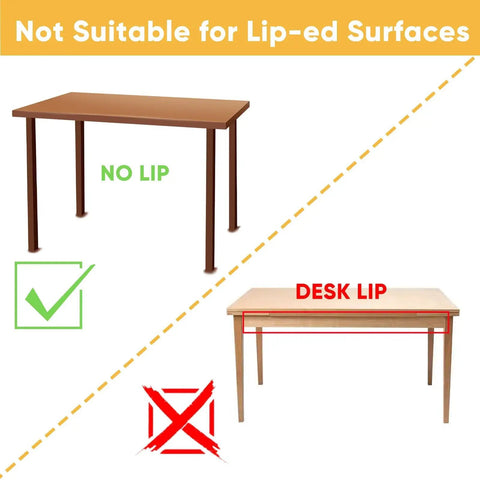 Comparison image showing tables without lip for Super Sleek 2 Pack Under Desk Pull Out Storage Drawers Clear Acrylic Drawer Slides.