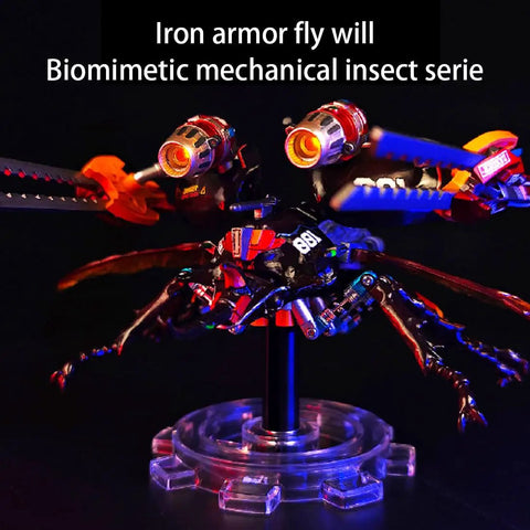 3D DIY Mechanical Beetle Assembly Model With Mechanical Transmission, Futuristic Desktop Ornament For Enthusiasts And Gift Givers, Dynamic Kit Version With LED Accent Lights. red PVC and ABS insect model on clear base