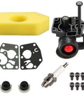 Carburetor Fuel Tank And Air Filter Kit Replacement For A Wide Range Of Small Engine Models Fits 795477 Carburetor And 498809 498809A 795469 794147 699660 794161 498811 Series Not OEM Aftermarket Upgrade shown with filter, gaskets, and spark plug
