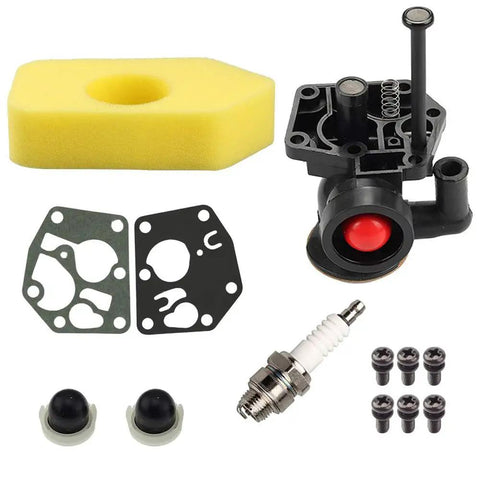 Carburetor Fuel Tank And Air Filter Kit Replacement For A Wide Range Of Small Engine Models Fits 795477 Carburetor And 498809 498809A 795469 794147 699660 794161 498811 Series Not OEM Aftermarket Upgrade shown with filter, gaskets, and spark plug