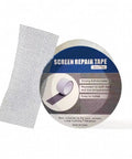 Screen Repair Tape With Heavy Duty Adhesive Fiberglass Mesh Patch For Windows And Doors Fast Durable Tear And Hole Fix Easy DIY Repair For Screens Ideal For Windows And Doors In Homes Or Apartments shown with mesh texture next to packaging.