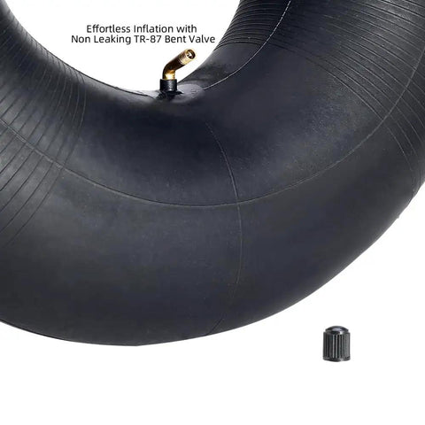 Close-up of 2-Pack Heavy-Duty Inner Tubes 16x6.50-8 and 16x7.50-8 with TR-87 bent valve stem, showing valve detail.