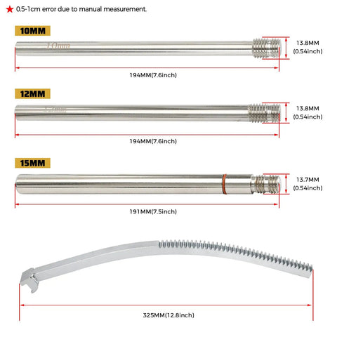 Portable Must Have Dirt Bike Tire Changing Tool Kit metal rods in 10mm, 12mm, 15mm sizes with measurements shown