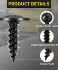 Heavy Duty Phillips Truss Head Wood Screws, 8 By 5/8 Inch, Black Self Tapping Fasteners For Furniture And Woodworking, details showing truss head and sharp point.