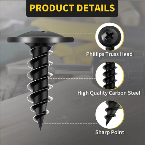 Heavy Duty Phillips Truss Head Wood Screws, 8 By 5/8 Inch, Black Self Tapping Fasteners For Furniture And Woodworking, details showing truss head and sharp point.