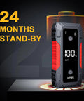 5000A Peak Jump Starter for Cars with 12V Battery Pack showing 100% charge on LCD display, 24 months standby highlighted