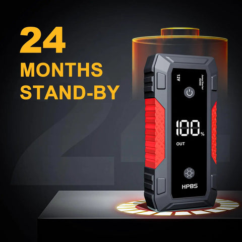 5000A Peak Jump Starter for Cars with 12V Battery Pack showing 100% charge on LCD display, 24 months standby highlighted