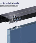 Close-up of 48 Inch Ceiling Mount Bypass Sliding Door Hardware Kit for Cabinet and Closet, black aluminum alloy track and roller detail.