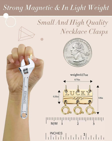 Lucky Necklace Layering Clasp Separator For Stackable Chains Easy To Use With Arthritis Or Long Nails A Must Have 14K Gold And Silver Plated Multiple Clasps For Women Jewelry Accessories with size and quarter for scale.