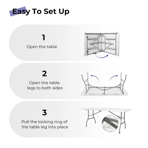 Instructions showing how to set up a 6 Foot Folding Table Portable Beefy Heavy Duty Plastic Fold In Half Utility Table for indoor or outdoor use.