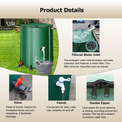 Collapsible Rain Barrel 264 Gallon Water Storage Tank With Easy Install Filter Spigot Overflow Kit And Portable Rainwater Catcher Details
