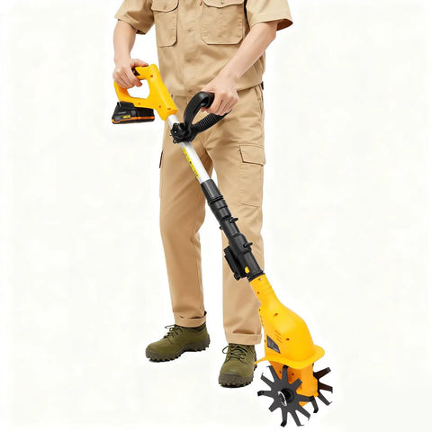 Person holding a Cordless Garden Tiller Cultivator 250RPM Portable Electric Rototiller With Batteries And Charger Included