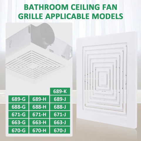 No Fuss Easy Install Replacement Bathroom Exhaust Fan Cover With Spring Square Ceiling Or Wall Mount Grille BP46 BP90 Fits 663 670 671 675 688 689 Ventilation Fans Replacement Part shown in white plastic with model compatibility