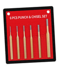 6pc Center Punch Set With Centering Pin And Chisel Tool Kit for Metalworking Masonry and Diy Projects on red holder