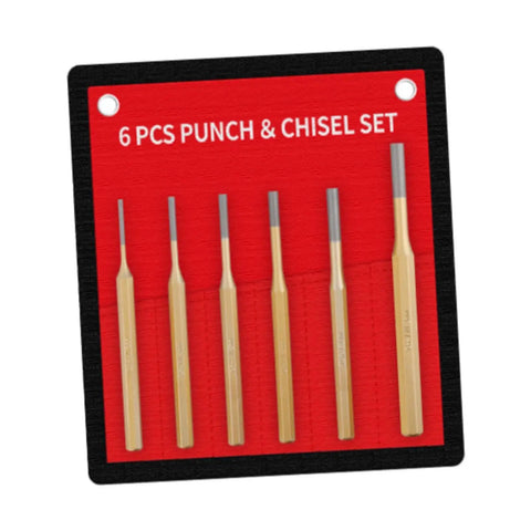 6pc Center Punch Set With Centering Pin And Chisel Tool Kit for Metalworking Masonry and Diy Projects on red holder