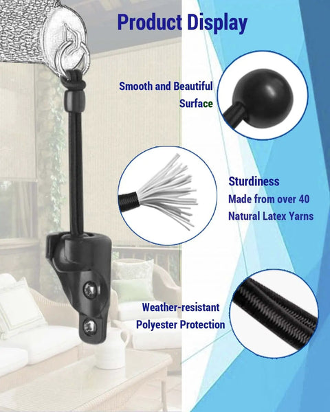 Close-up of Built Tough Outdoor Roller Shade Bungee Kit with end cap showing smooth surface and polyester protection