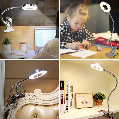 6W LED USB Clip On Reading Lamp for Desk Laptop Bed Headboard and Books Piano Light With Eye Care Dimmable Warm And Cool Light Two Color Temperature Switchable Adapter Included Silver